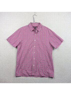 Michael Kors Tailored Fit Micro Plaid Button Up Short Sleeve Shirt Mens M Pink